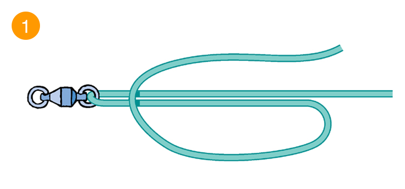 スイベルやルアーのアイ（リング）にラインを通して、ラインの先端を根本の方に戻す。この時先端には結び目を作る十分な余裕を持たせて、図のようにループを作る