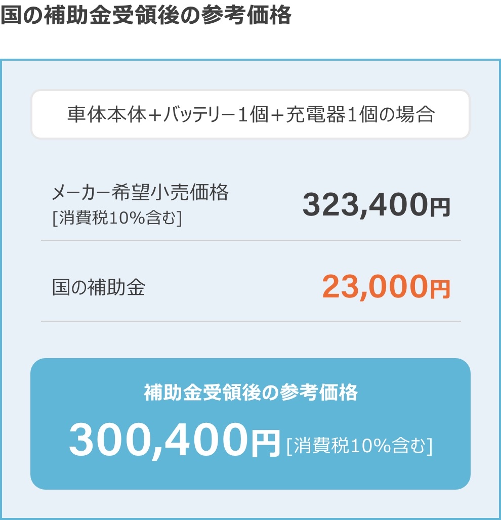 国の補助金受領後の参考価格 補助金受領後の参考価格 300,400円