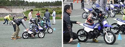 まずはお父さん、お母さんに後ろから押してもらい、乗車の感覚を摑みます