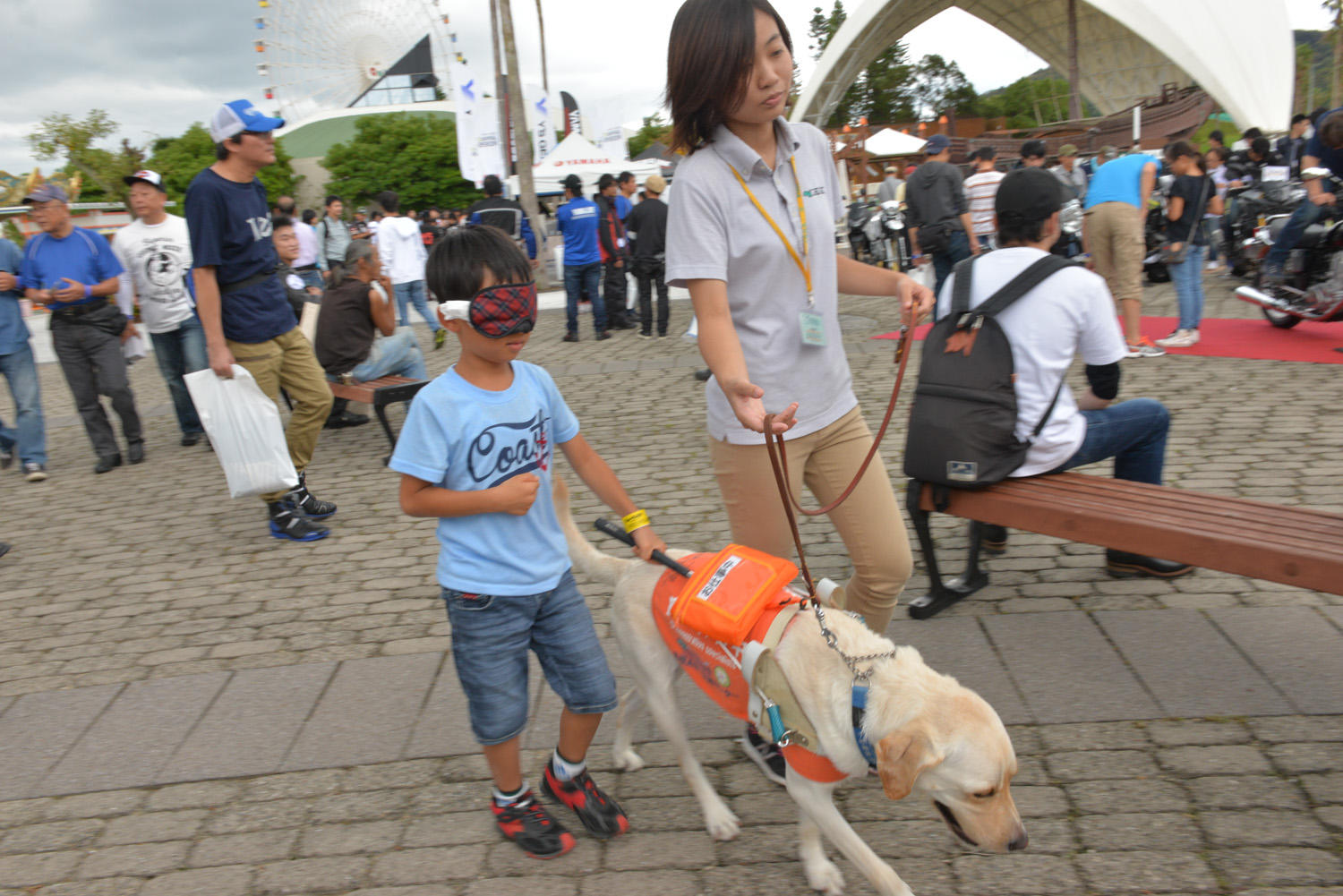 盲導犬体験や1989年からヤマハが続けている、日本盲導犬協会に盲導犬の育成資金を贈る『YAMAHA NICE RIDE 募金』を行いました。<br />
