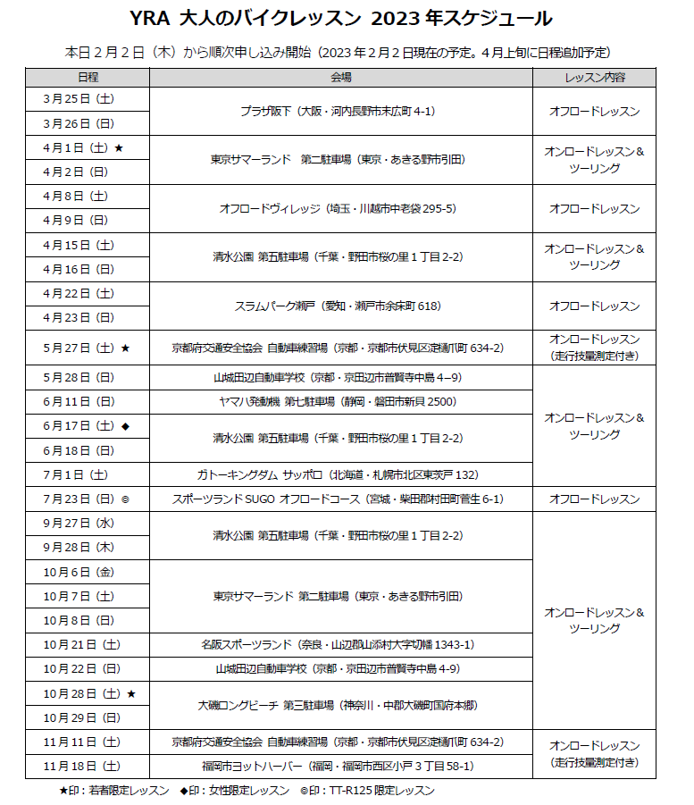 お待たせいたしました。YRA「大人のバイクレッスン」の2023年の開催スケジュールを公開しました！