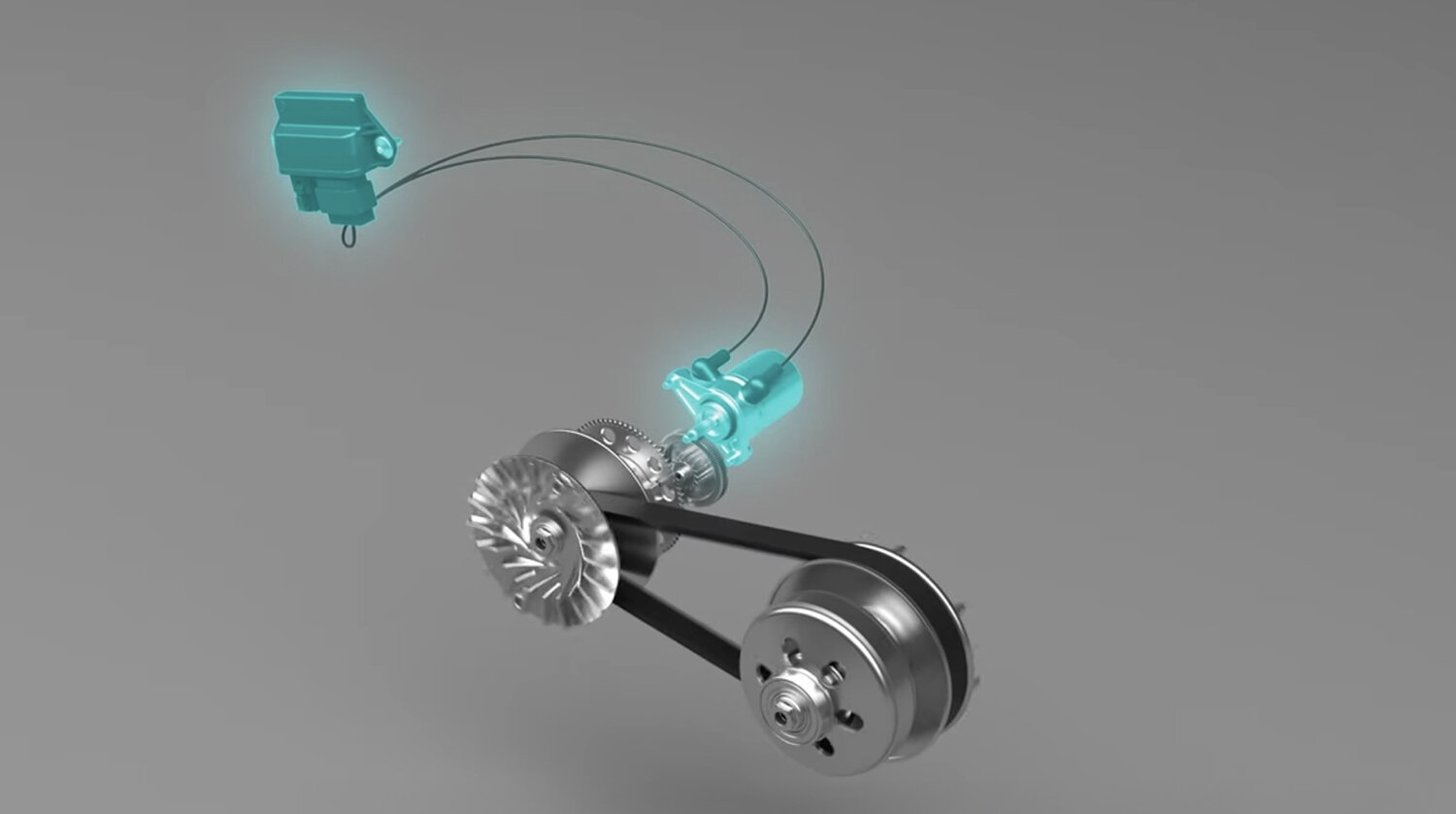 一般的な機械式CVTは、クランク回転による遠心力を使ってプライマリー側シーブを動かし、CVTの減速比を調整しています。