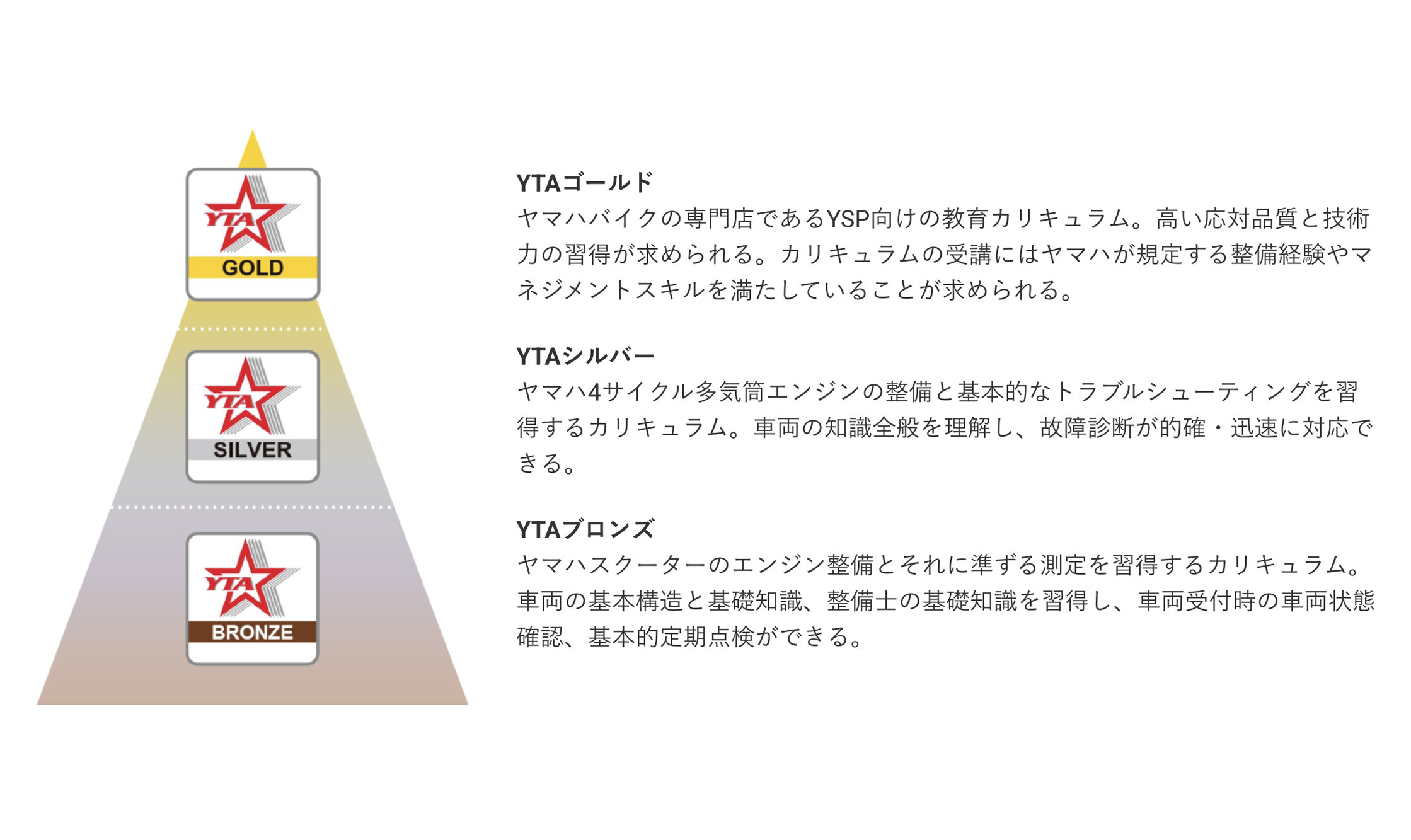 YTAには、ブロンズ、シルバー、ゴールドと3つの資格があります。
