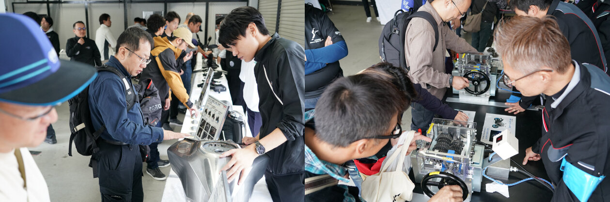 普段バイクに乗っているだけではわからない機構やパーツについて知っていただこうと、ヤマハ社員が自らお客さまに解説。皆さまの生の反応が得られる機会は、私たちにとっても貴重なひとときになりました！