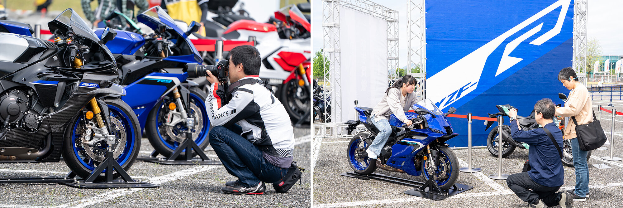 またがった姿を写真に収めたり、こだわりのディテールを近寄って撮影したりと