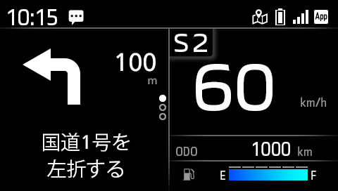 メーターを別体化して上部にカバーを設けるモーターサイクルライクな構造とし、Turn by Turnナビゲーション機能も搭載。