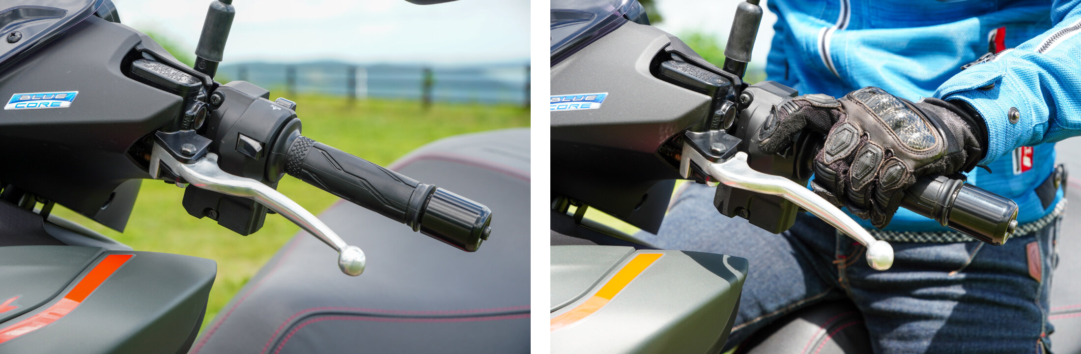 走行モードの切り替えボタンは、ライダーから見てスイッチボックスの裏側にあって、左手人差し指を自然に伸ばすとワンタッチで操作できる位置についています。