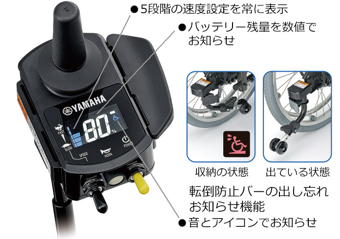 ●5段階の速度設定を常に表示●バッテリー残量を数値でお知らせ●転倒防止バーの出し忘れお知らせ機能/音とアイコンでお知らせ